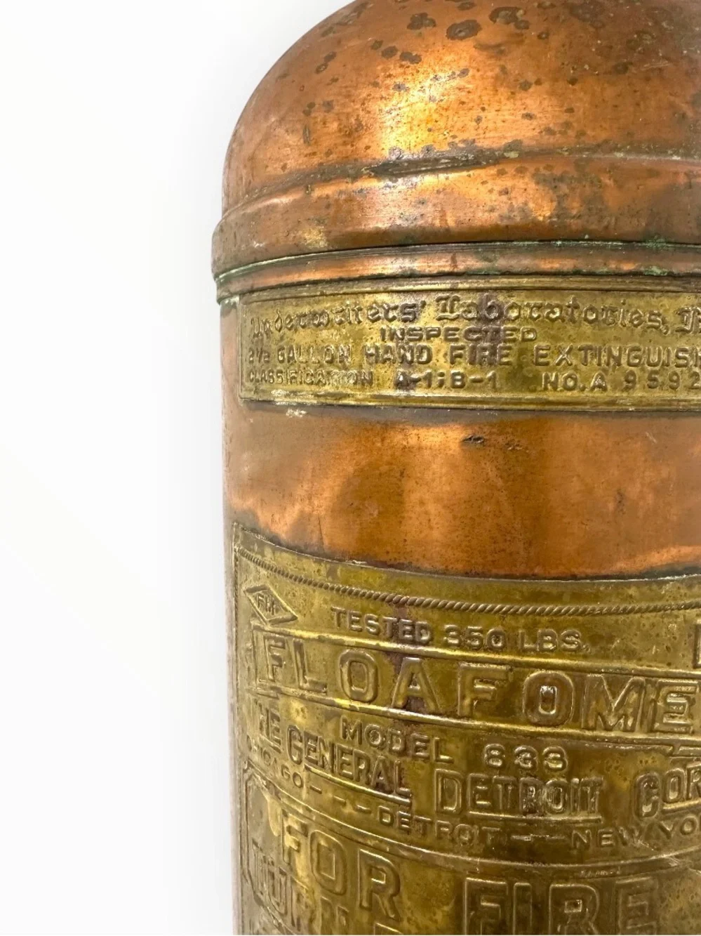 Vintage General Detroit Floafome 833 Copper Brass Fire Extinguisher 23” - Decor